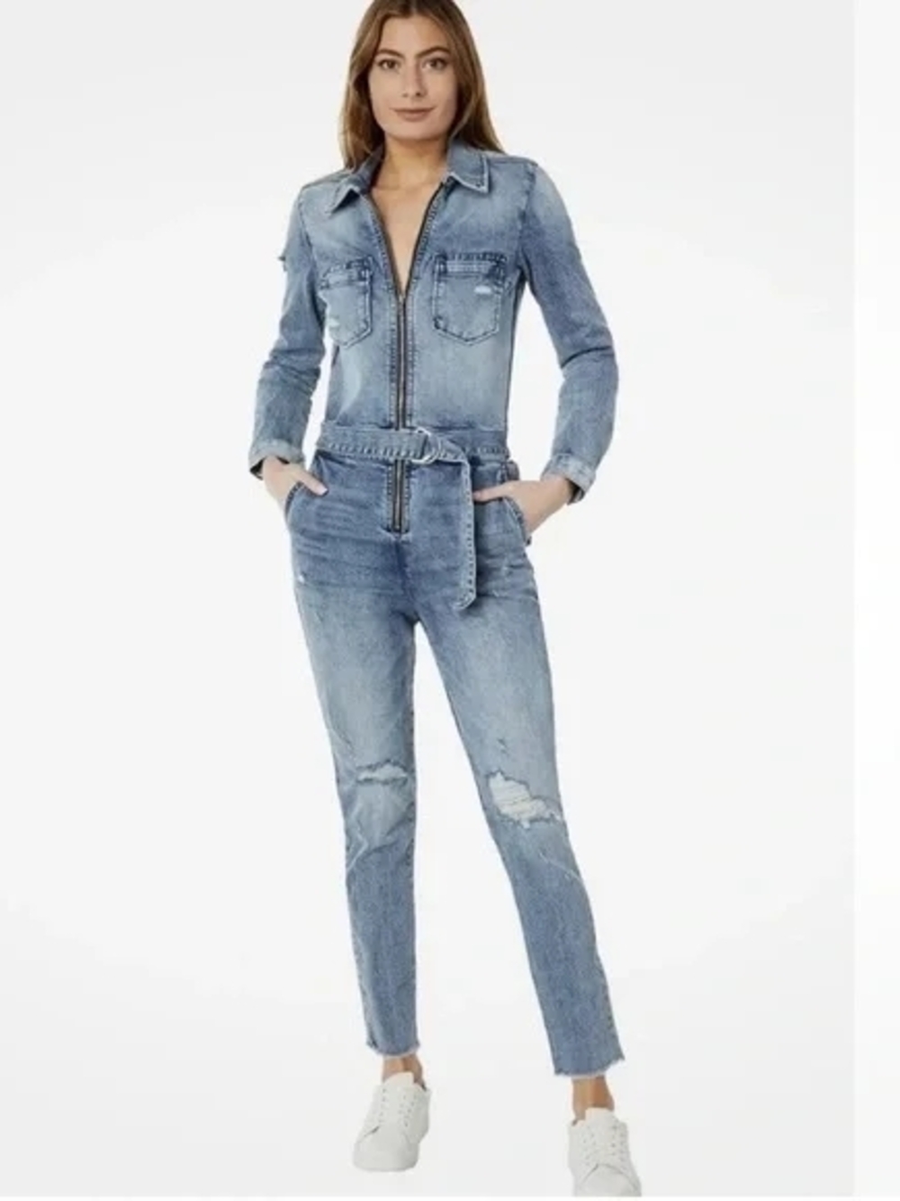 Kut from the Kloth Distressed Denim Jumpsuit with Belted Waist. NWT Size 4